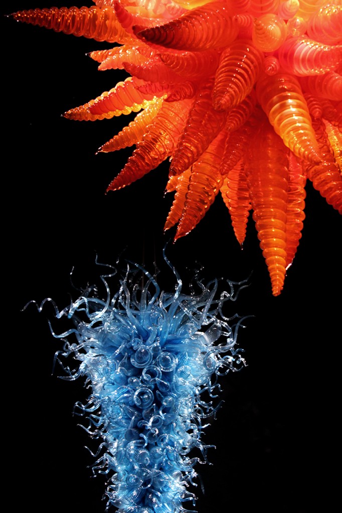 Orange and blue chihuly chandeliers in Seattle