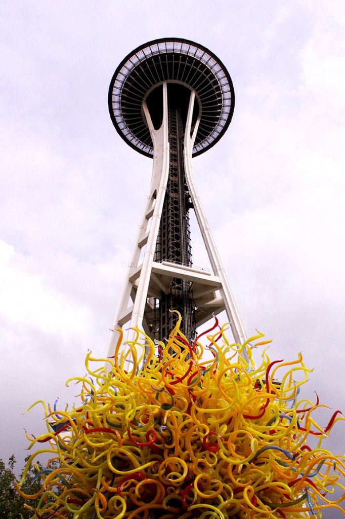 Space Needle and Chihuly yellow sculpture 2