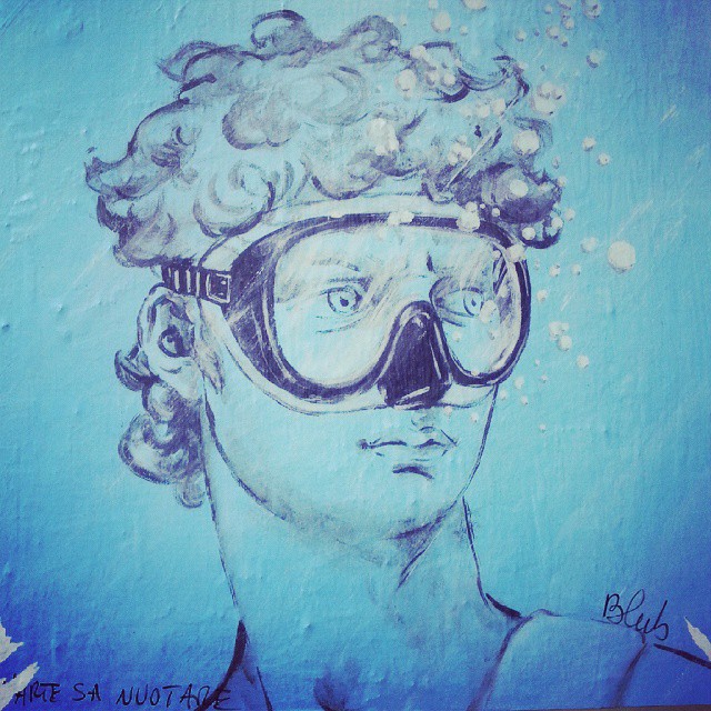 David under water, street art in Florence by Blub